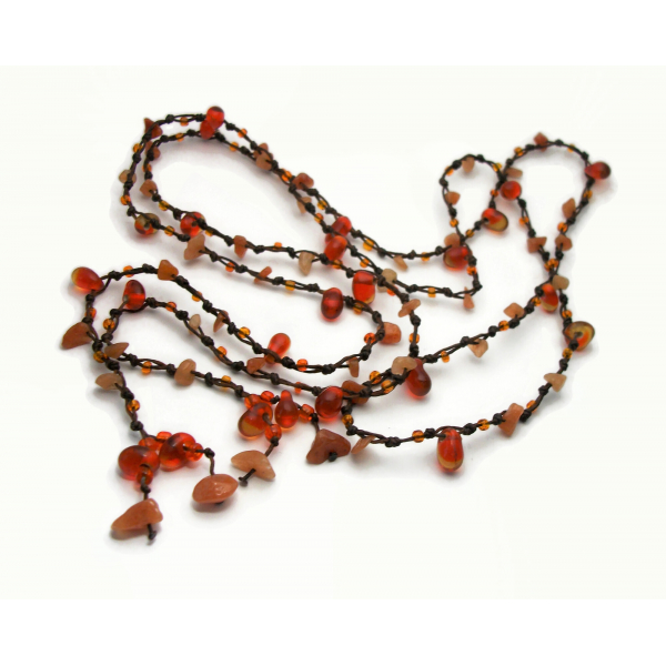 Vintage Amber Nugget Tassel Lariat Necklace Hand Knotted Long Versatile Stone