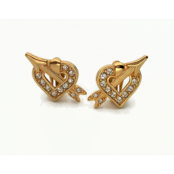 Vintage Signed Swarovski Swan Gold Tone Heart and Cupid's Arrow Clip on Earrings