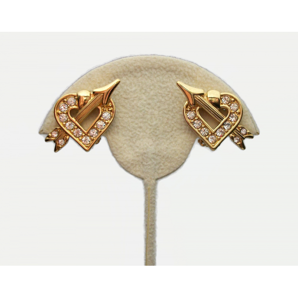 Vintage Signed Swarovski Swan Gold Heart and Cupid's Arrow Clip on Earrings