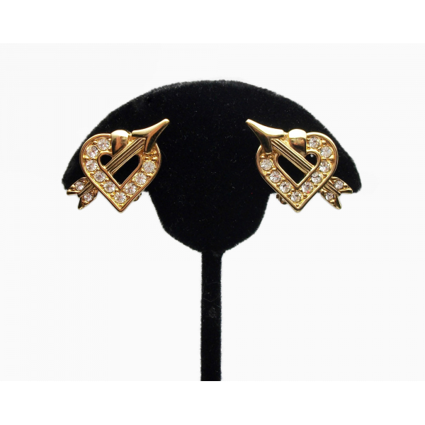 Vintage Signed Swarovski Swan Gold Heart and Cupid's Arrow Clip on Earrings