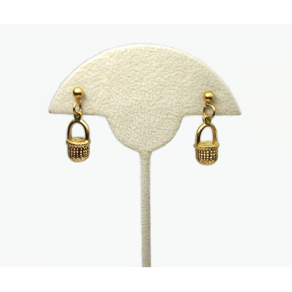 Vintage Tiny Gold Basket Dangle Earrings for Pierced Ears Easter Basket Earrings