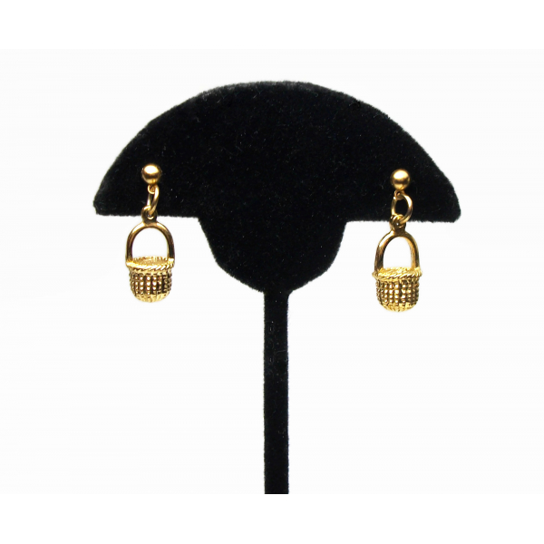 Vintage Tiny Gold Basket Drop Earrings for Pierced Ears Easter Dangle Earrings