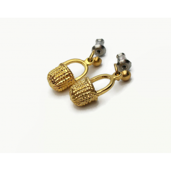 Vintage Tiny Gold Basket Dangle Earrings for Pierced Ears Easter Drop Earrings