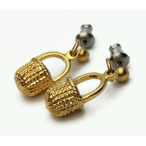 Vintage Tiny Gold Basket Dangle Earrings for Pierced Ears Easter Basket Drops