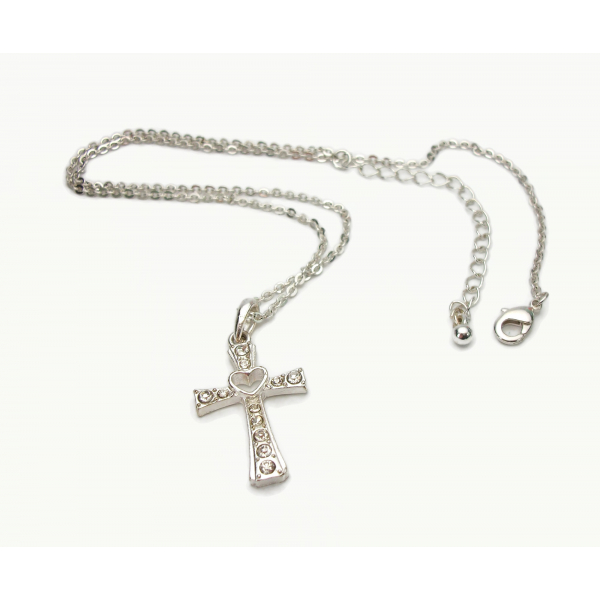 Vintage Clear Rhinestone Silver Cross Pendant Necklace with Heart