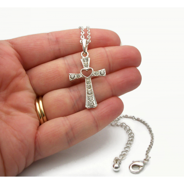 Vintage Clear Rhinestone Silver Cross Pendant Necklace with Heart Cutout