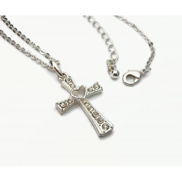 Vintage Clear Rhinestone Silver Cross Pendant Necklace with Heart Cutout
