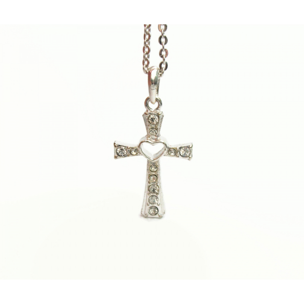 Vintage Clear Rhinestone Silver Cross with Heart Pendant Necklace Adjustable 18