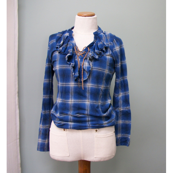 Vintage Ralph Lauren Chaps Blue Plaid Ruffle Women's Shirt Top Lace Up V-Neck