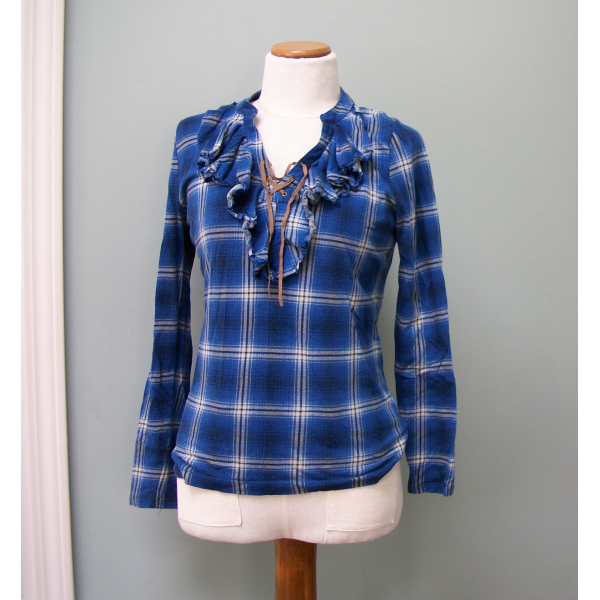 Vintage Ralph Lauren Chaps Blue Plaid Ruffle Women's Shirt Top Lace Up V-Neck