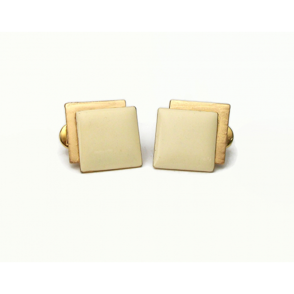 Vintage Monet Square Cream White Enamel and Gold Clip on Earrings Geometric