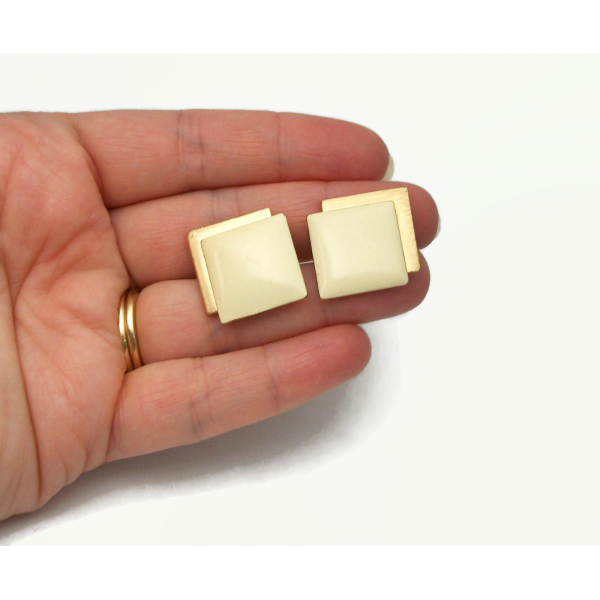Vintage Monet Clip on Earrings Cream White Enamel and Gold Squares