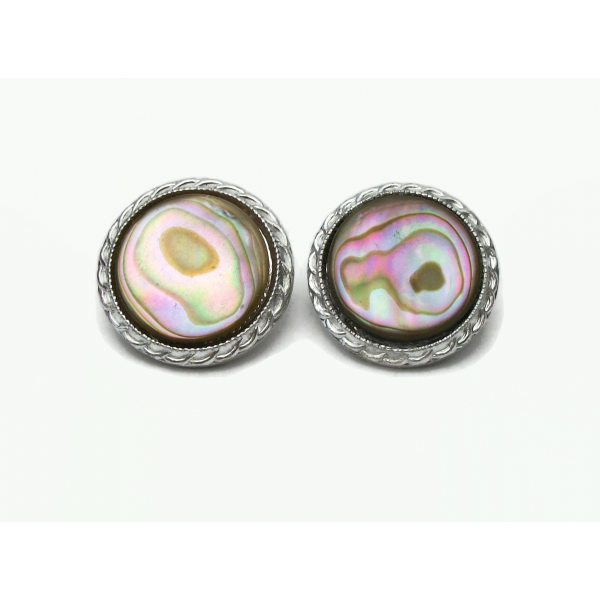 Vintage Abalone Mother of Pearl Clip on Earrings Round Silver Made in Japan