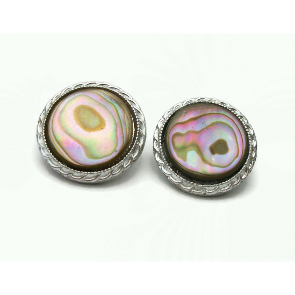 Vintage Abalone Mother of Pearl Clip on Earrings Round Silver 1950s Japan