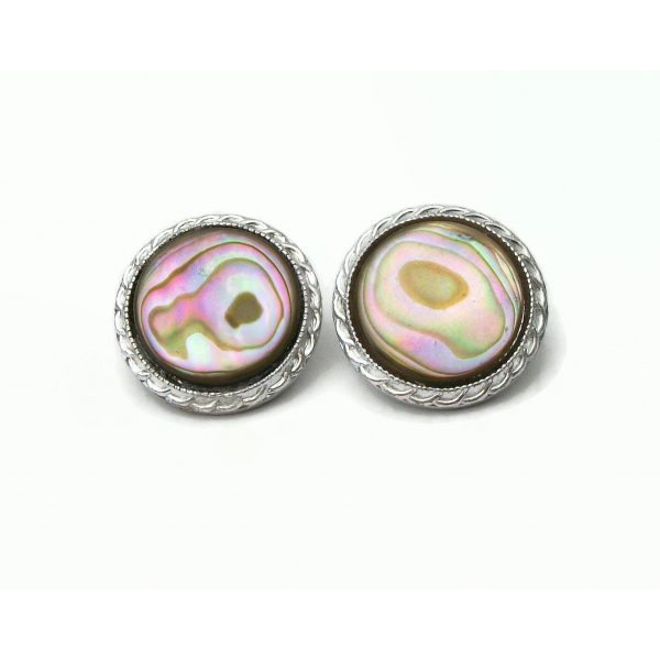 Vintage Abalone Mother of Pearl Clip on Earrings Round Silver Japan 1950s