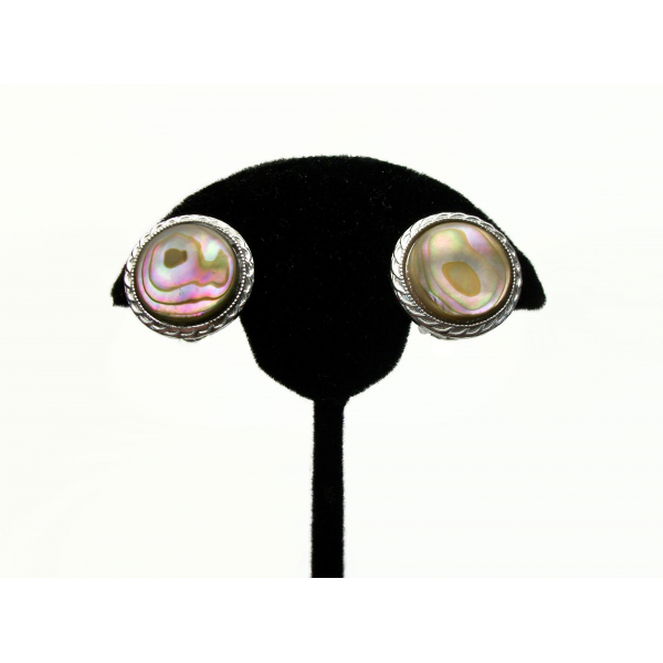 Vintage Abalone Mother of Pearl Clip on Earrings Round Silver Japan 1950s