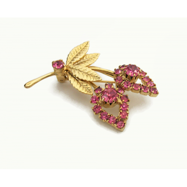 Vintage Pink Crystal Gold Floral Brooch Gold & Pink Rhinestone Flower Lapel Pin