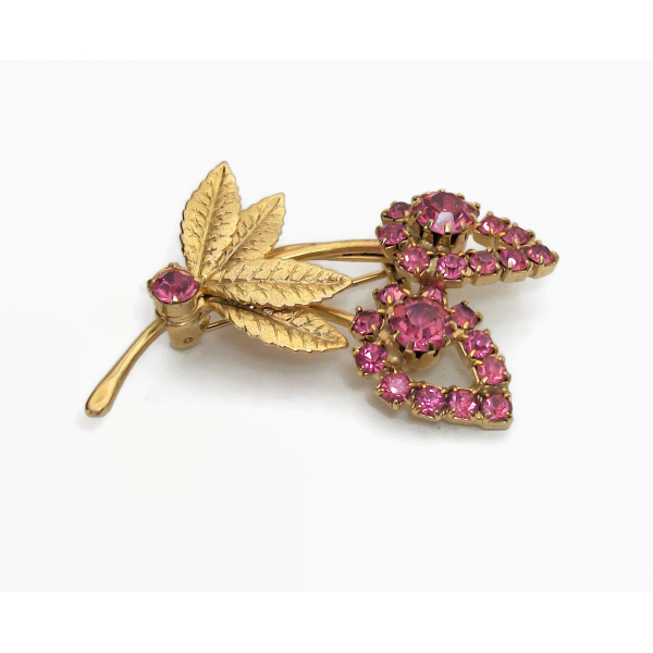 Vintage Pink Crystal Gold Floral Brooch Gold and Pink Rhinestone Flower Brooch