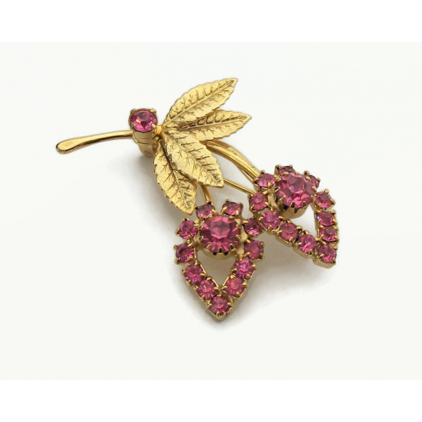 Vintage Pink Crystal Gold Floral Brooch Gold and Pink Rhinestone Flower Pin