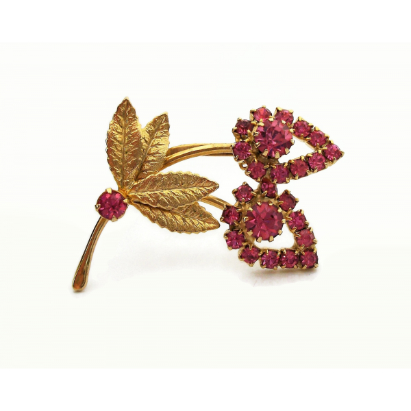Vintage Pink Crystal Gold Floral Brooch Gold Pink Rhinestone Flower Brooch Pin