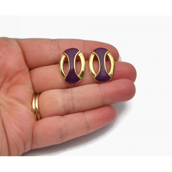 Vintage Purple Enamel and Gold Earrings Stud Post Earrings for Pierced Ears