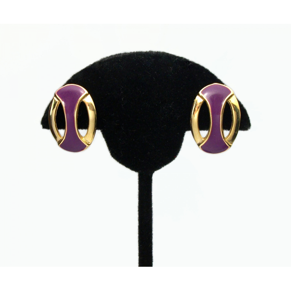 Vintage Purple Enamel and Gold Pierced Earrings Stud Post for Pierced Ears