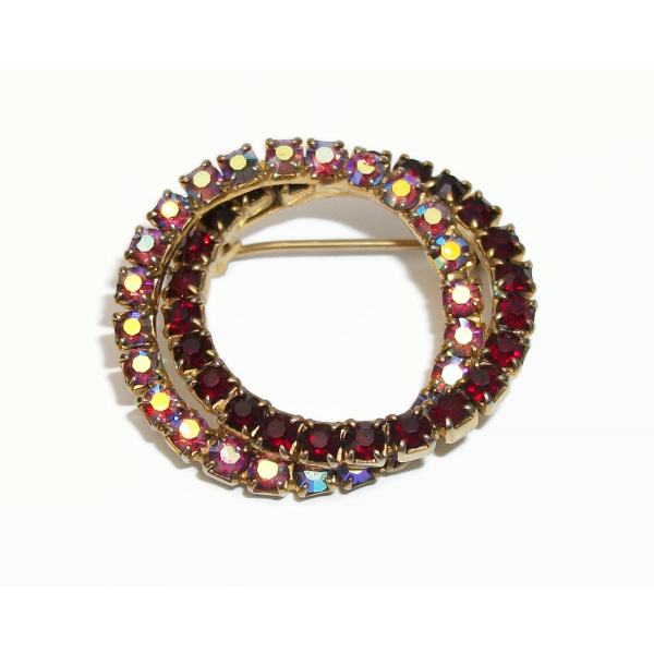 Vintage Entwined Circles Brooch with Prong Set Garnet Red and Pink AB Crystals