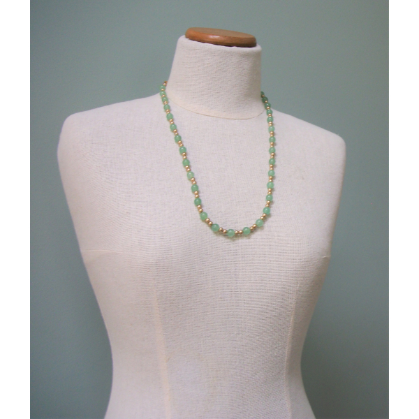 Vintage Faux Jade Glass Bead Necklace Green and Gold Adjustable 25" to 28" long