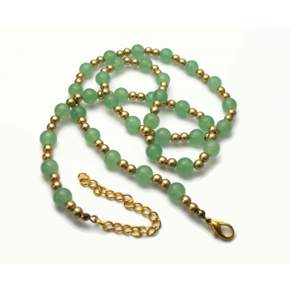 Vintage Faux Jade Glass Bead Necklace Green and Gold Adjustable 25" to 28" long