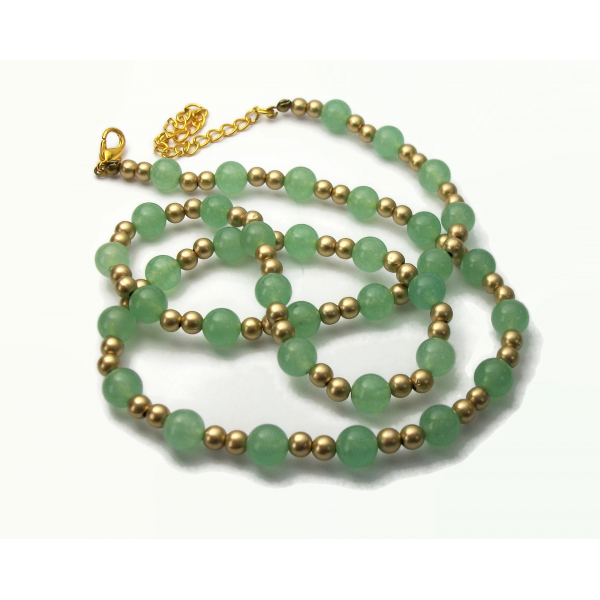 Vintage Faux Jade Glass Bead Necklace Green and Gold Adjustable 25" to 28" long