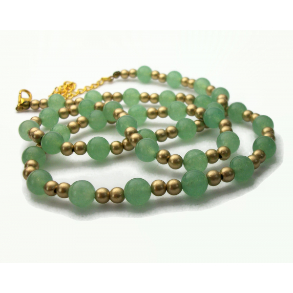 Vintage Faux Jade Glass Bead Necklace Green and Gold Adjustable 25" to 28" long
