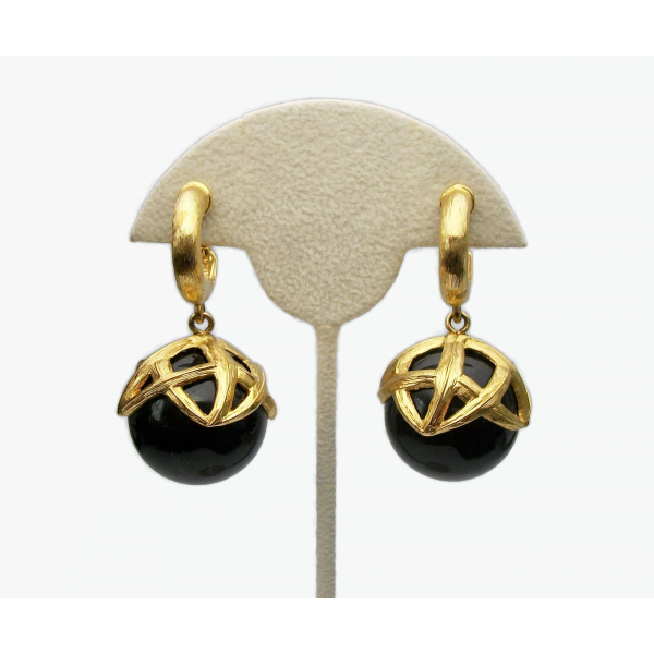 Vintage Monet Black and Gold Large Ball Dangle Drop Clip on Earrings Chunky Big
