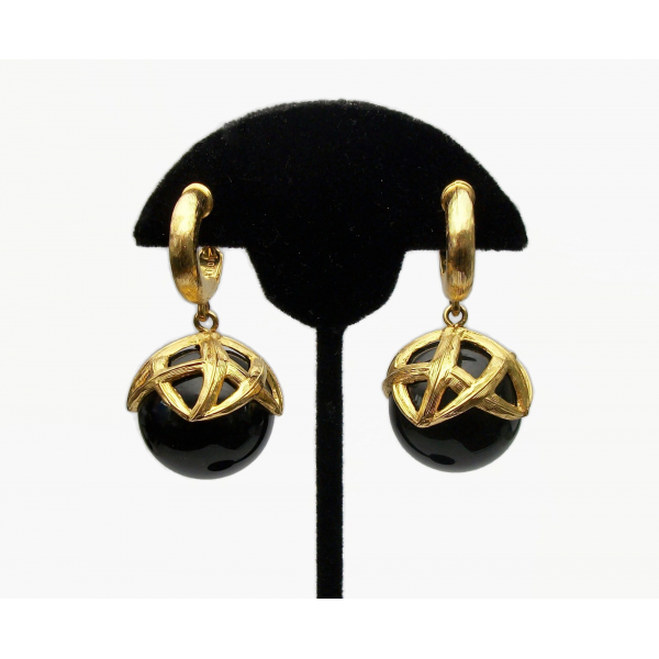 Vintage Monet Large Black and Gold Ball Drop Dangle Clip on Earrings Chunky