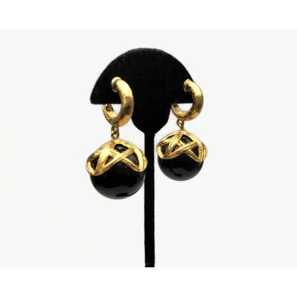 Vintage Monet Black and Gold Chunky Ball Drop Clip on Earrings Brushed Gold