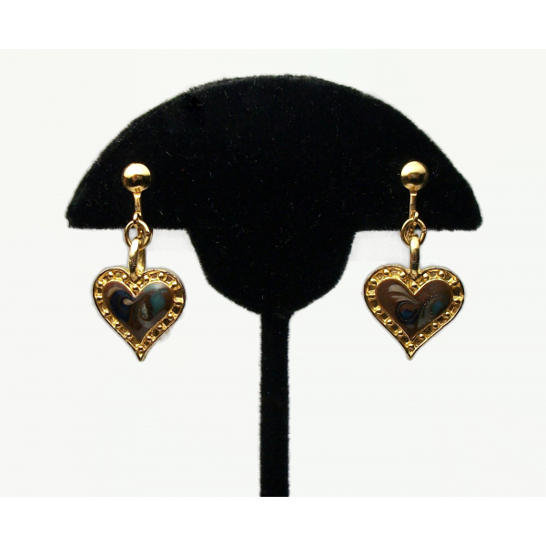 Vintage Gold Brown and Blue Enamel Swirl Heart Shaped Dangle Clip on Earrings