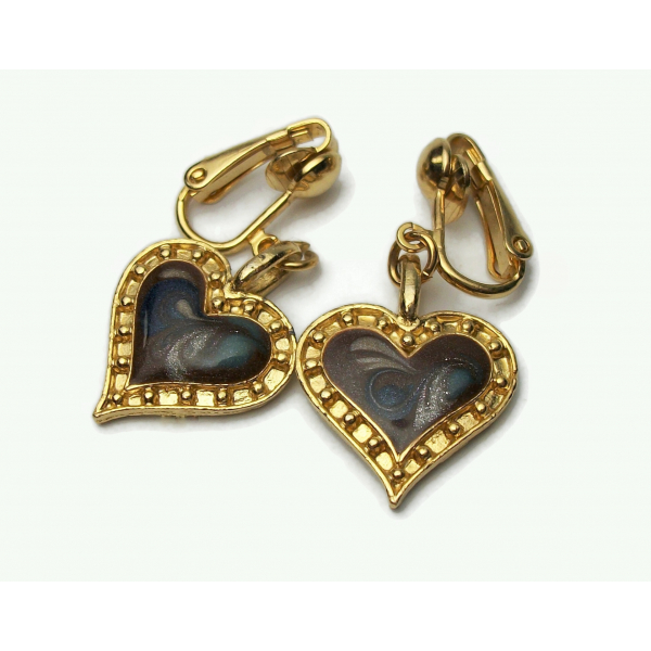 Vintage Gold Brown and Blue Enamel Swirl Heart Dangle Clip on Earrings