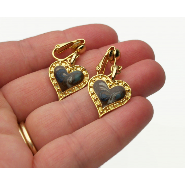 Vintage Gold Brown and Blue Enamel Swirl Heart Earrings Dangle Clip on Earrings
