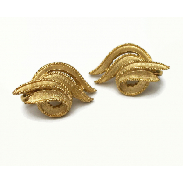 Vintage Crown Trifari Clip on Earrings Abstract Brushed Gold Brutalist