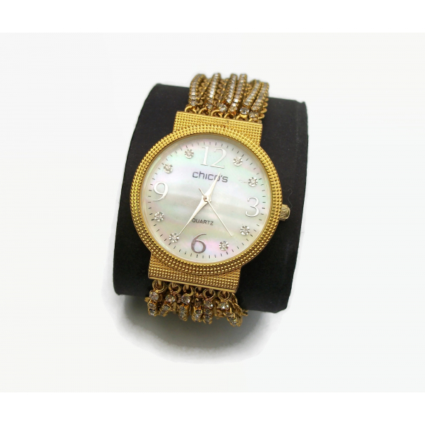 Vintage Chicos Gold Watch with Mother of Pearl Face and Crystal Chains Band siz