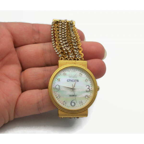Vintage Chico's Gold Watch with Mother of Pearl Face and Crystal Chains Band