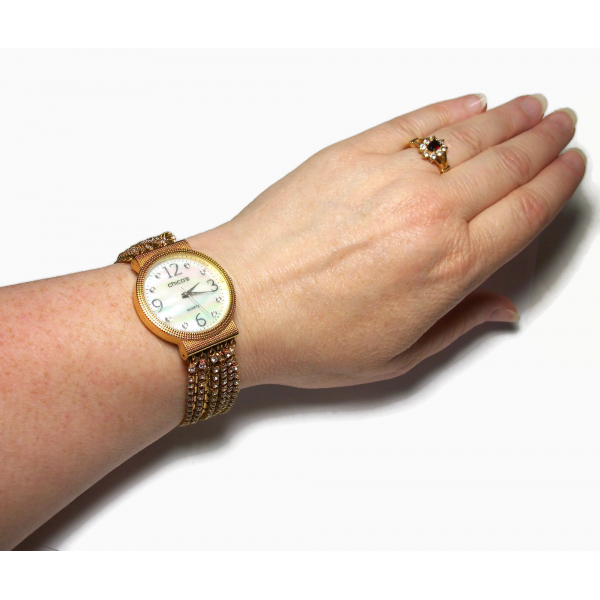 Vintage Chico's Gold Watch with Mother of Pearl Face and Crystal Chains Band