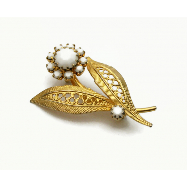 Vintage White Milk Glass and Gold Filigree Flower Brooch Floral Lapel Pin White