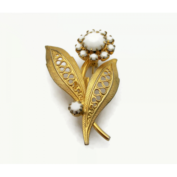 Vintage White Milk Glass and Gold Filigree Flower Brooch Floral Lapel Pin