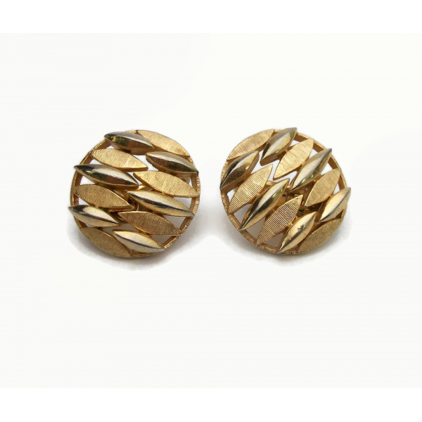 Vintage Crown Trifari Gold Clip on Earrings Textured Gold Round Geometric