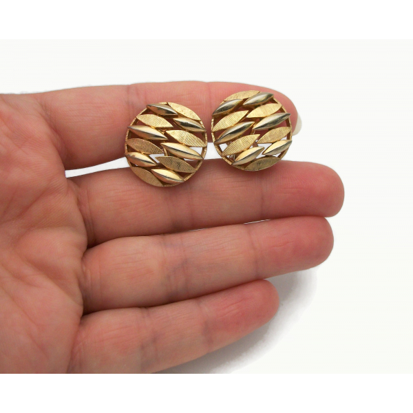 Vintage Crown Trifari Gold Clip on Earrings Textured Gold Geometric Earrings