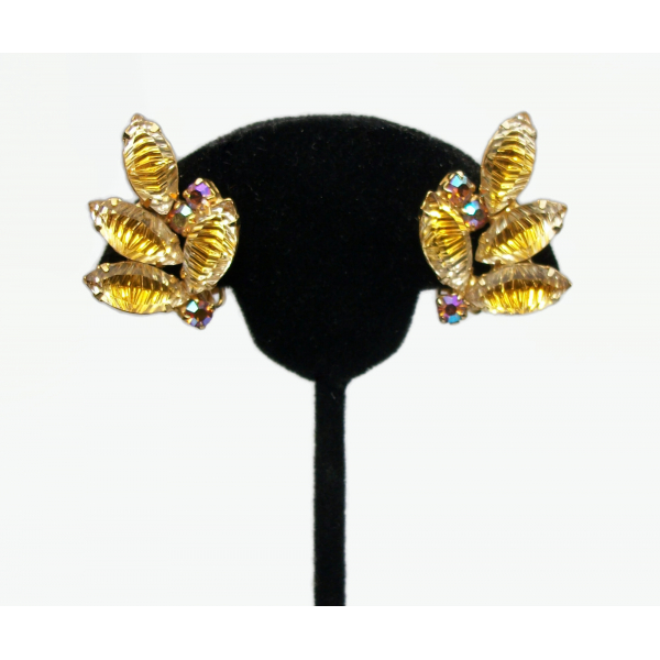 Vintage Crystal Leaf Clip on Earrings Two Tone Golden Yellow Wedding Earrings