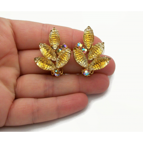 Vintage Crystal Leaf Clip on Earrings Golden Yellow & Clear Crystal Navettes