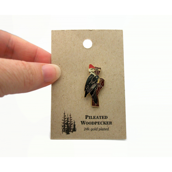 Pileated Woodpecker Enamel Tie Tack Lapel Pin 24K Gold Plated Bird Natures Charm