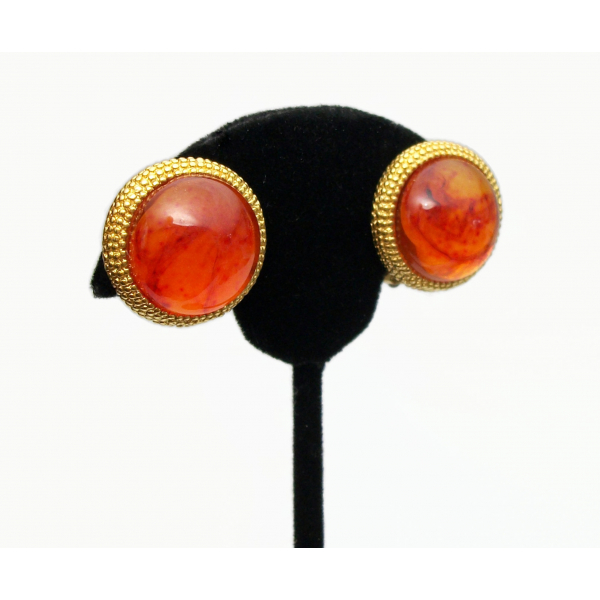 Vintage Orange Swirl Gold Clip on Earrings Fiery Lucite Cabochon Autumn Earrings