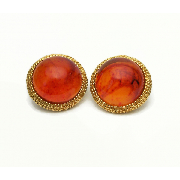 Vintage Orange Swirl Gold Clip on Earrings Fiery Lucite Cabochon Button Earrings
